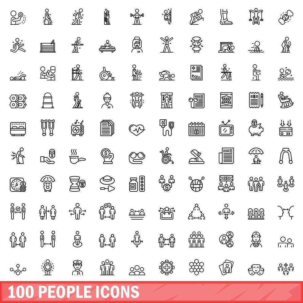 100 persone set di icone, stile contorno vettore