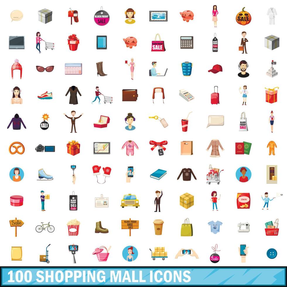 100 set di icone del centro commerciale, stile cartone animato vettore