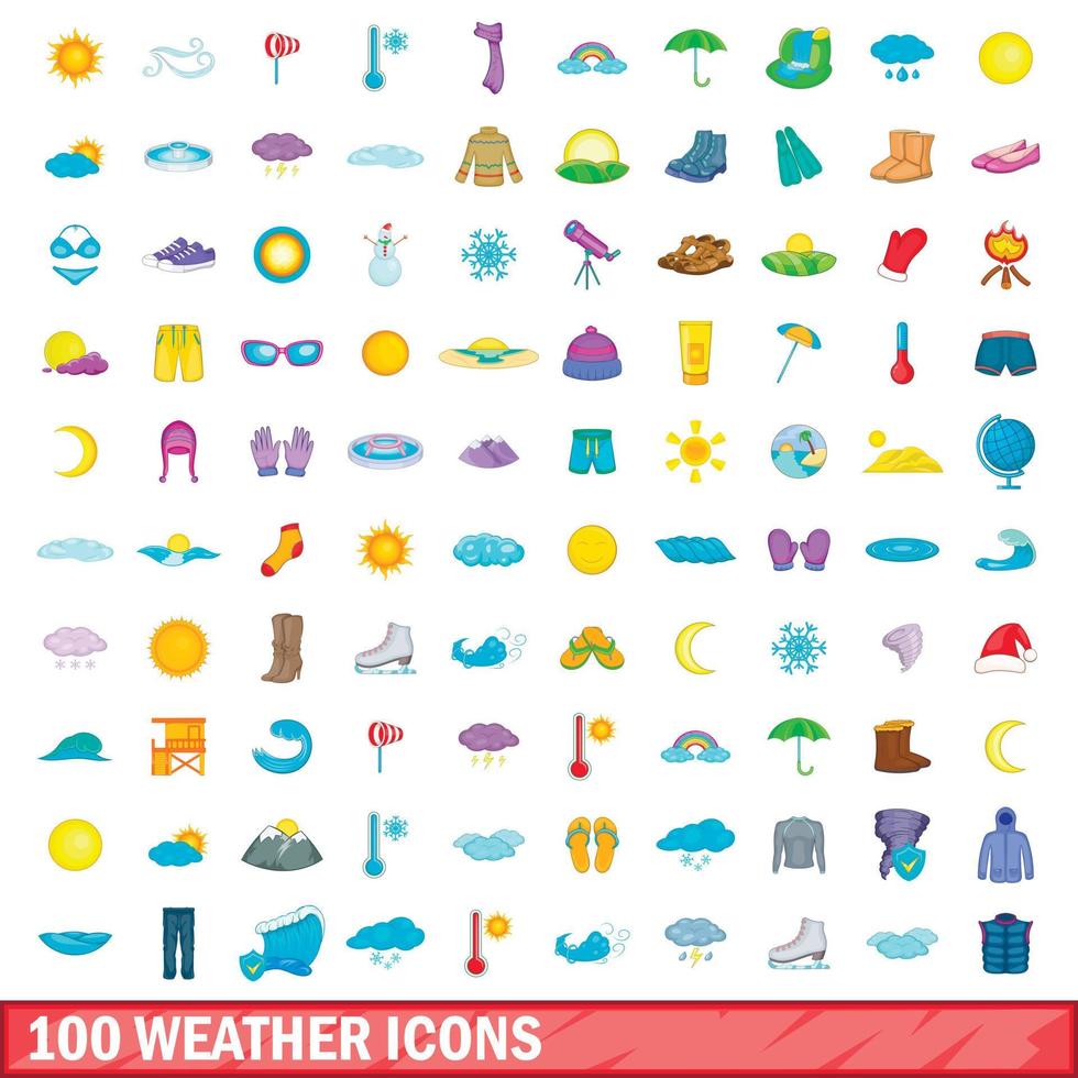 100 icone meteo impostate, stile cartone animato vettore