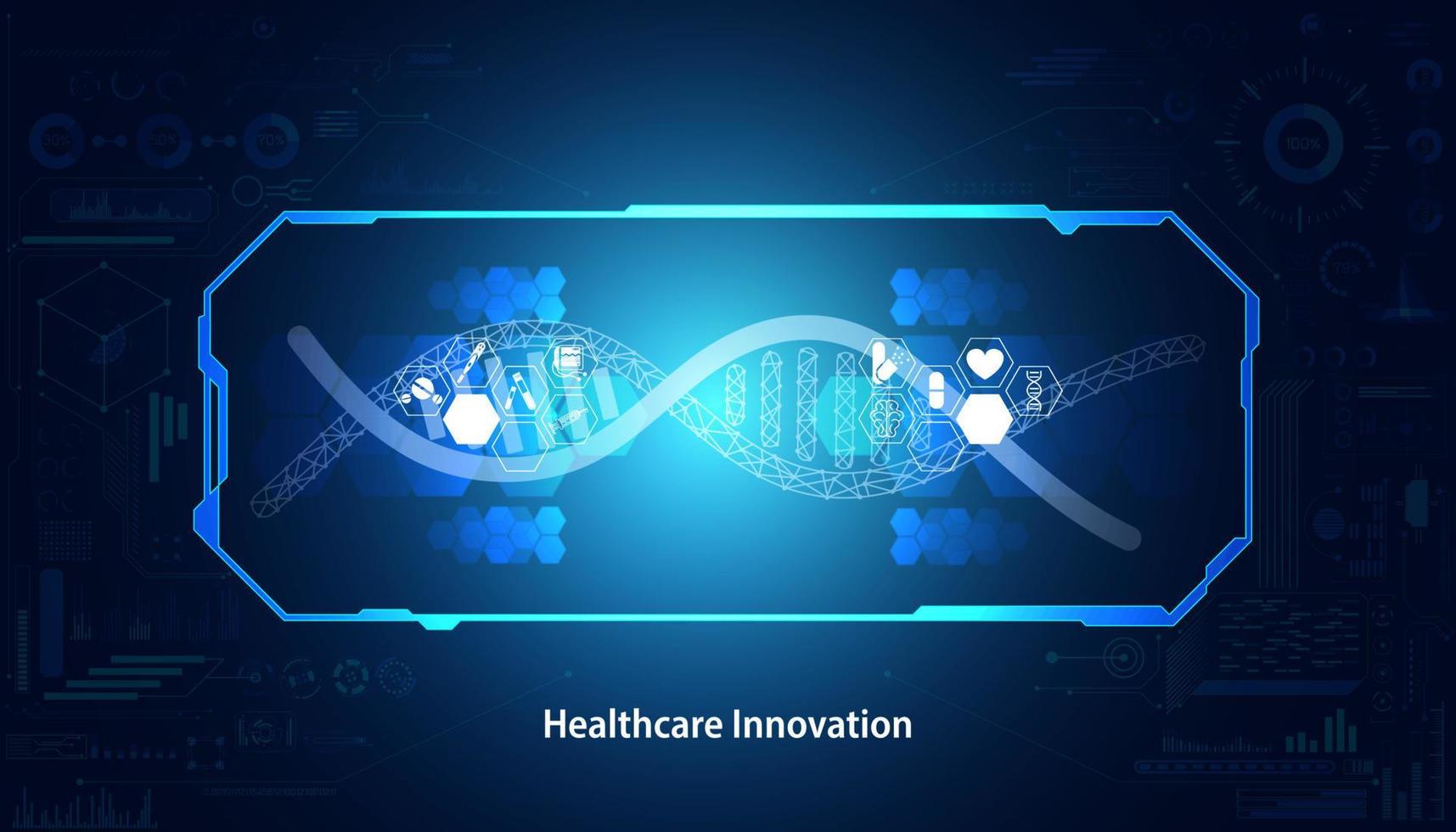 astratto, assistenza sanitaria, innovazione, ricerca medica, concetto, dna, laboratorio di interfaccia tecnologica per l'editing genetico dell'icona medica su sfondo blu. illustrazione vettoriale. vettore