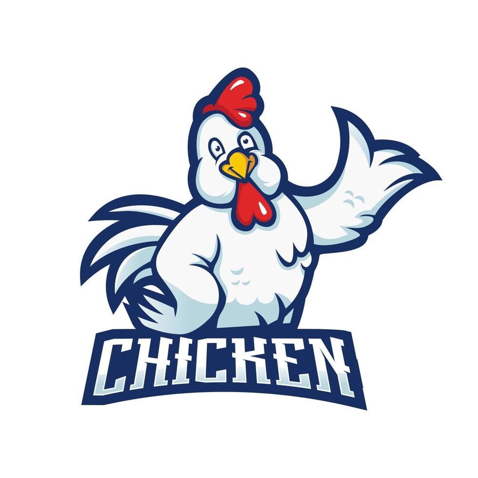 design del logo della mascotte del pollo per ristorante di pollo fritto, fattoria e sport vettore