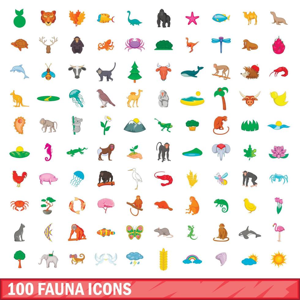 100 icone di fauna impostate, stile cartone animato vettore