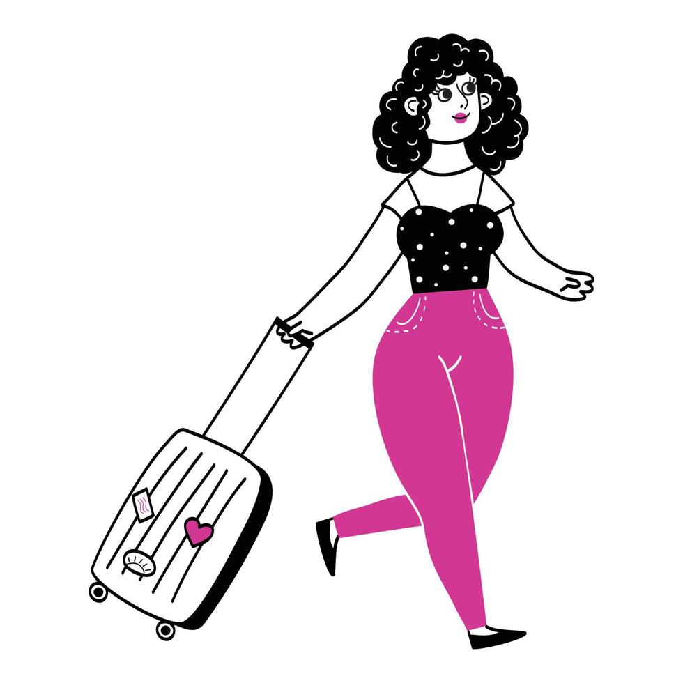 una ragazza con una valigia, un turista, un viaggiatore. line art, stile cartone animato, illustrazione vettoriale