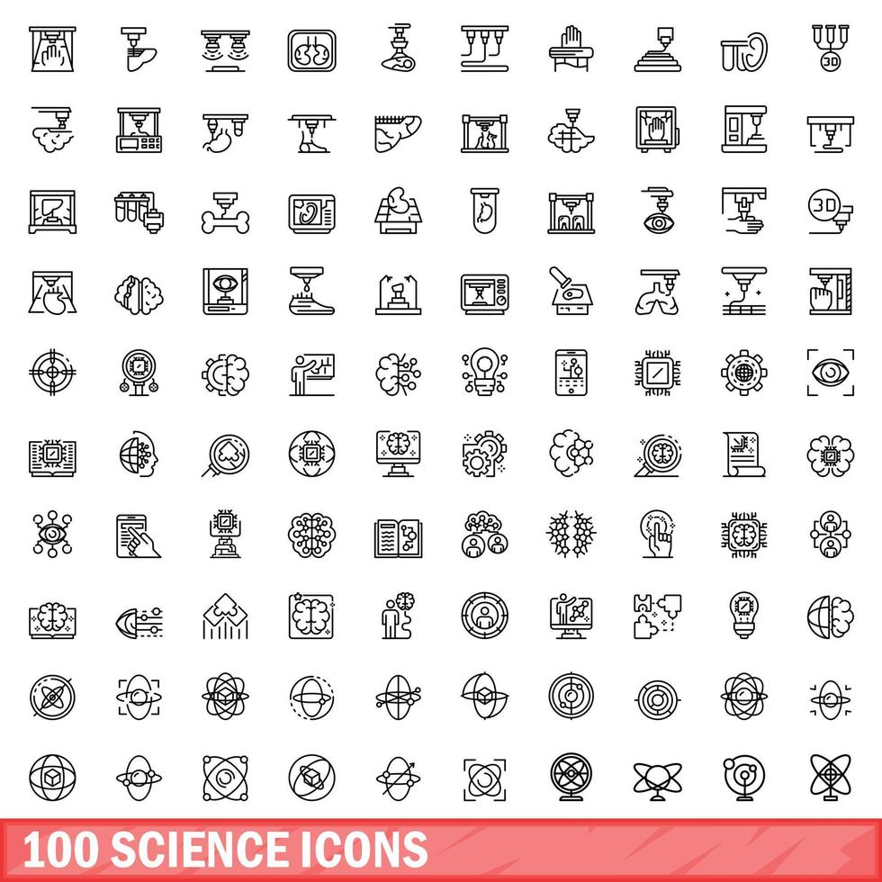 100 icone di scienza impostate, stile contorno vettore