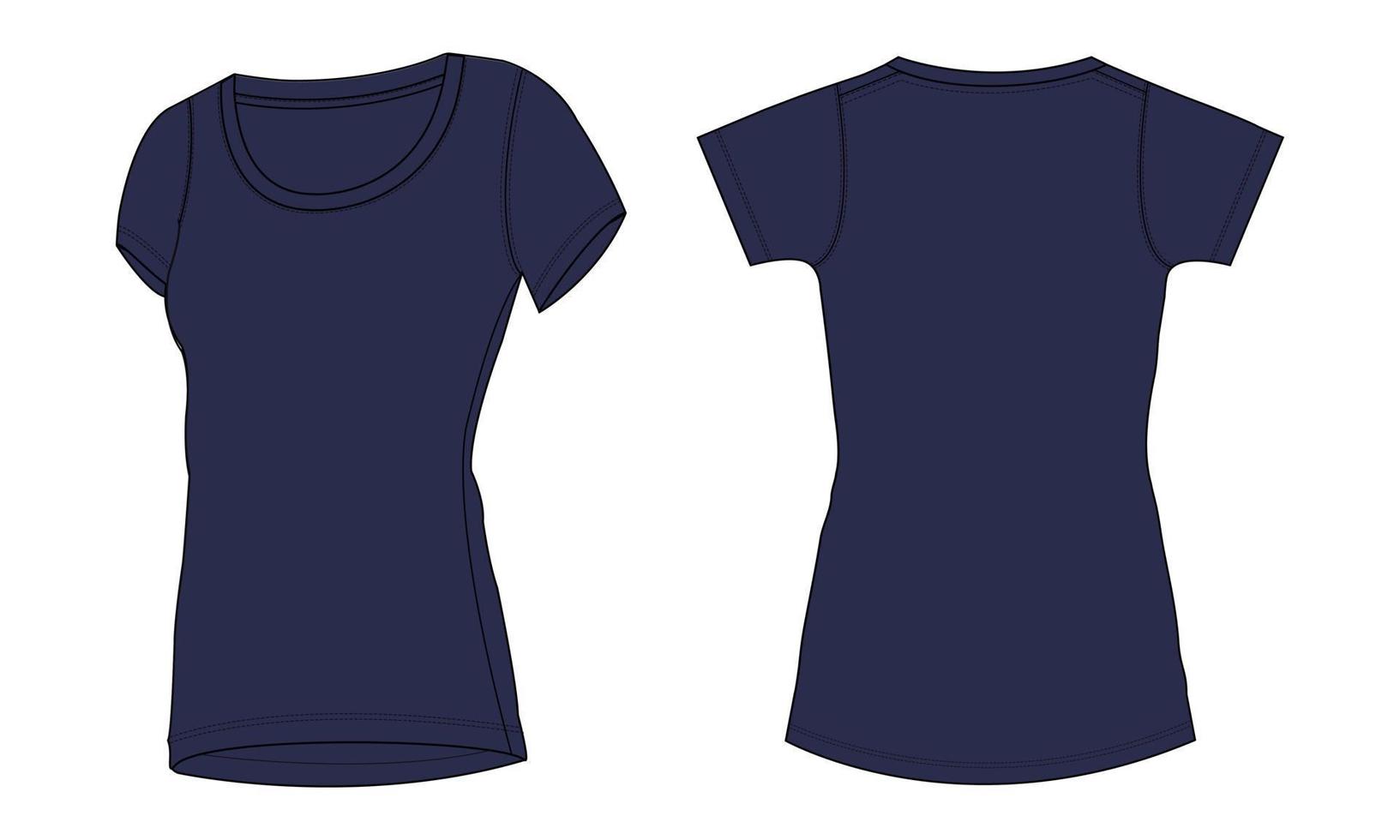 T-shirt basic slim fit manica corta moda tecnica schizzo piatto illustrazione vettoriale modello colore blu navy per donna