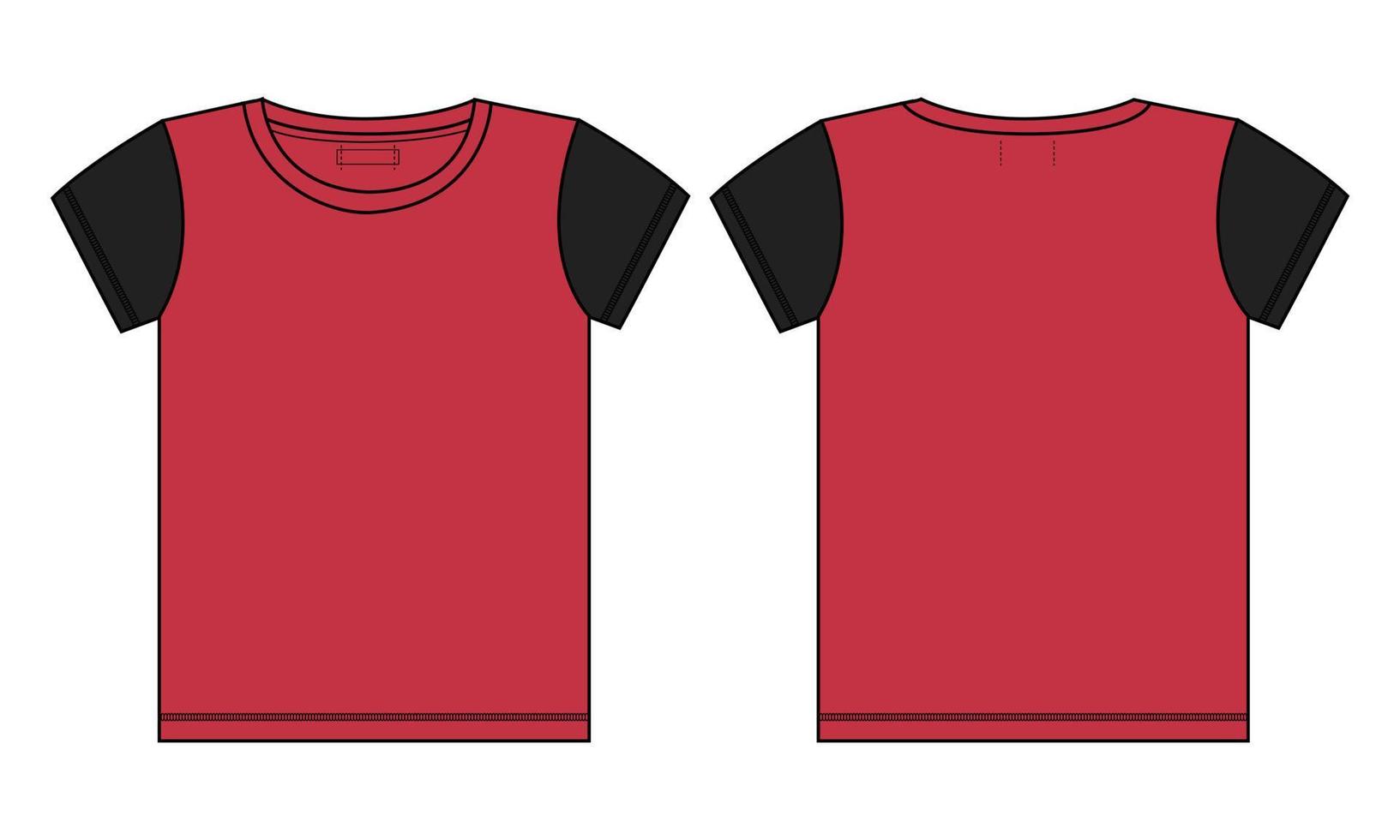 t-shirt a maniche corte a due tonalità di colore tecnico moda schizzo piatto illustrazione vettoriale modello di colore rosso per donne e bambine