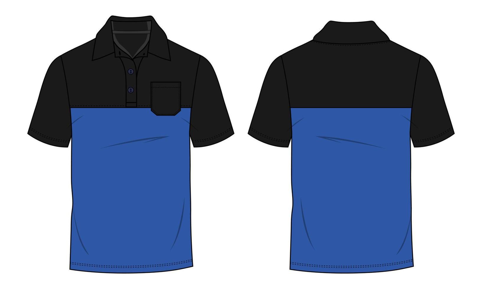 polo a maniche corte con taglio sul petto e cucito, modello vettoriale di schizzo piatto di moda tecnica, vista anteriore e posteriore. disegno del vestito in jersey di cotone piquet mock up illustrazione.