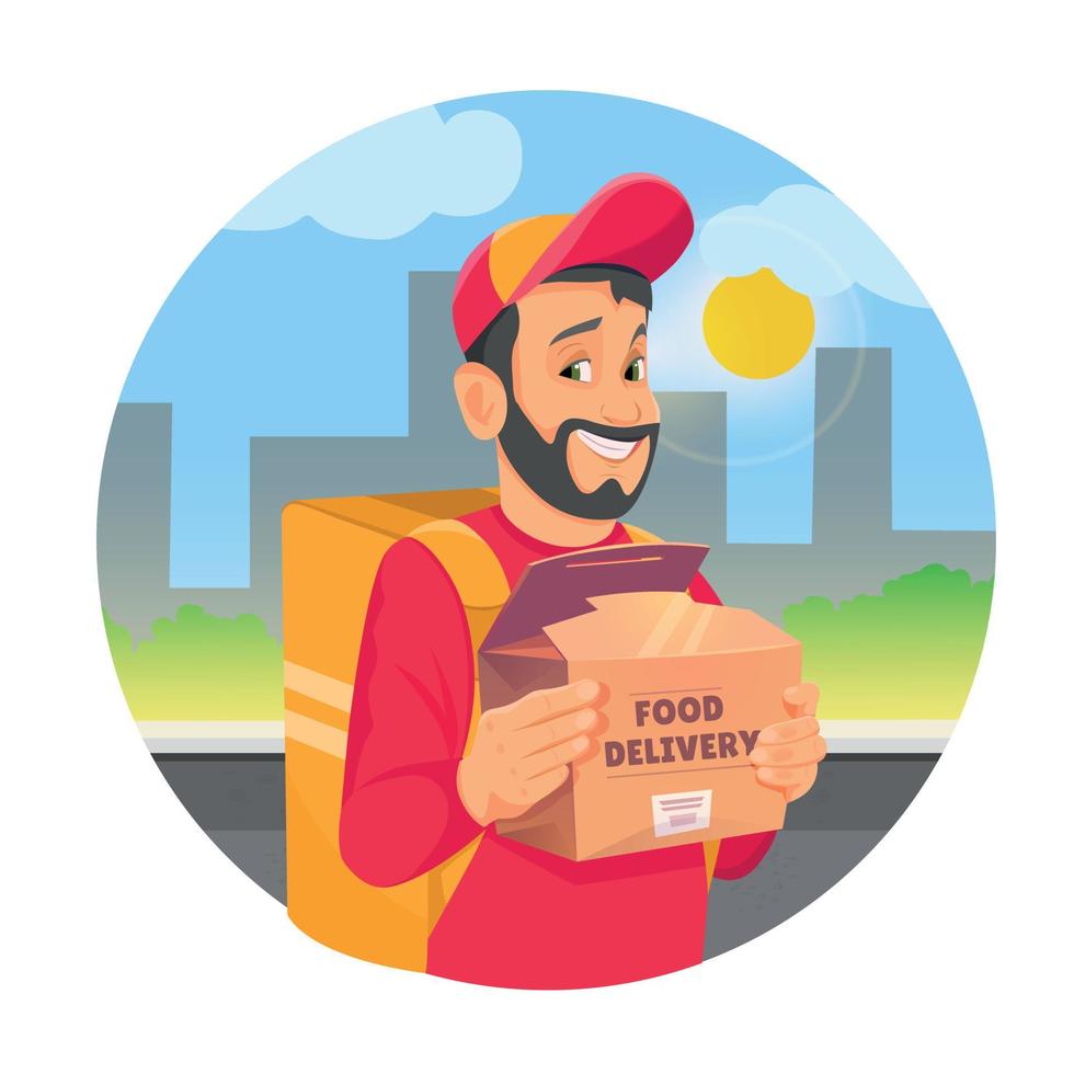 uomo delle consegne di cibo che tiene una scatola di fast food sullo sfondo della città. servizio di consegna di fast food nell'illustrazione di vettore di concetto di progettazione del fumetto.