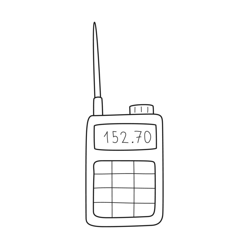 doodle walkie-talkie, un dispositivo per la comunicazione remota. stazione radio. attrezzature per escursionismo, turismo, viaggi, vacanze, rally automobilistici. contorno illustrazione vettoriale in bianco e nero isolato su bianco.