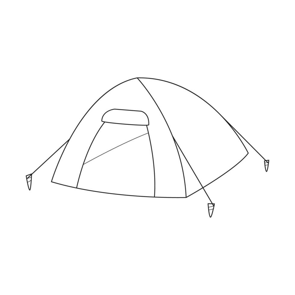tenda da campeggio scarabocchio. attrezzature per picnic, attività ricreative all'aperto, viaggi, escursioni. contorno illustrazione vettoriale in bianco e nero isolato su uno sfondo bianco.