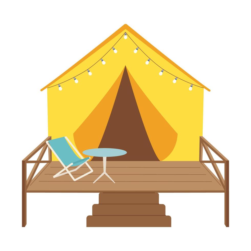 tenda glamping con ghirlanda, tavolo e sedia in terrazza. campeggio glamour nella natura. per carte, web. simbolo di campeggio, attività ricreative all'aperto, turismo. illustrazione vettoriale piatta isolata su bianco