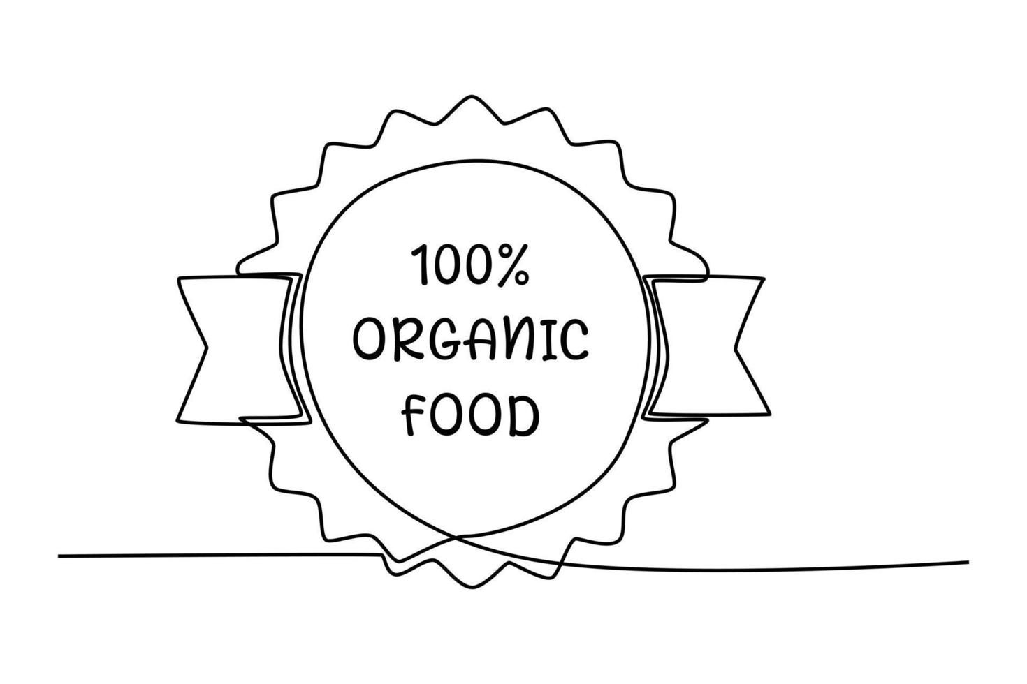 una sola linea che disegna cibo biologico al 100% sullo sfondo. adatto per l'etichetta del prodotto. concetto di etichetta o adesivo. illustrazione vettoriale grafica di disegno a linea continua.