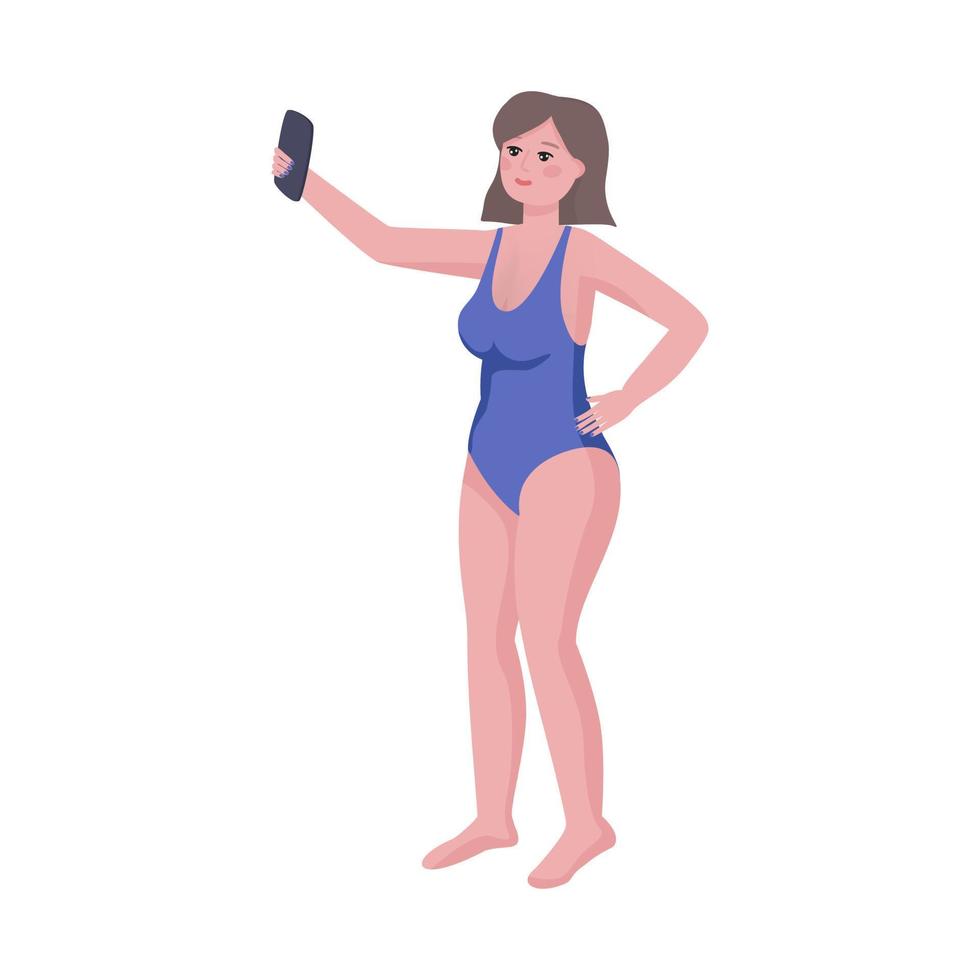 donna in costume da bagno che fa selfie o registra video. ciao estate, vacanze estive, divertimento estivo. illustrazione vettoriale disegnata a mano.