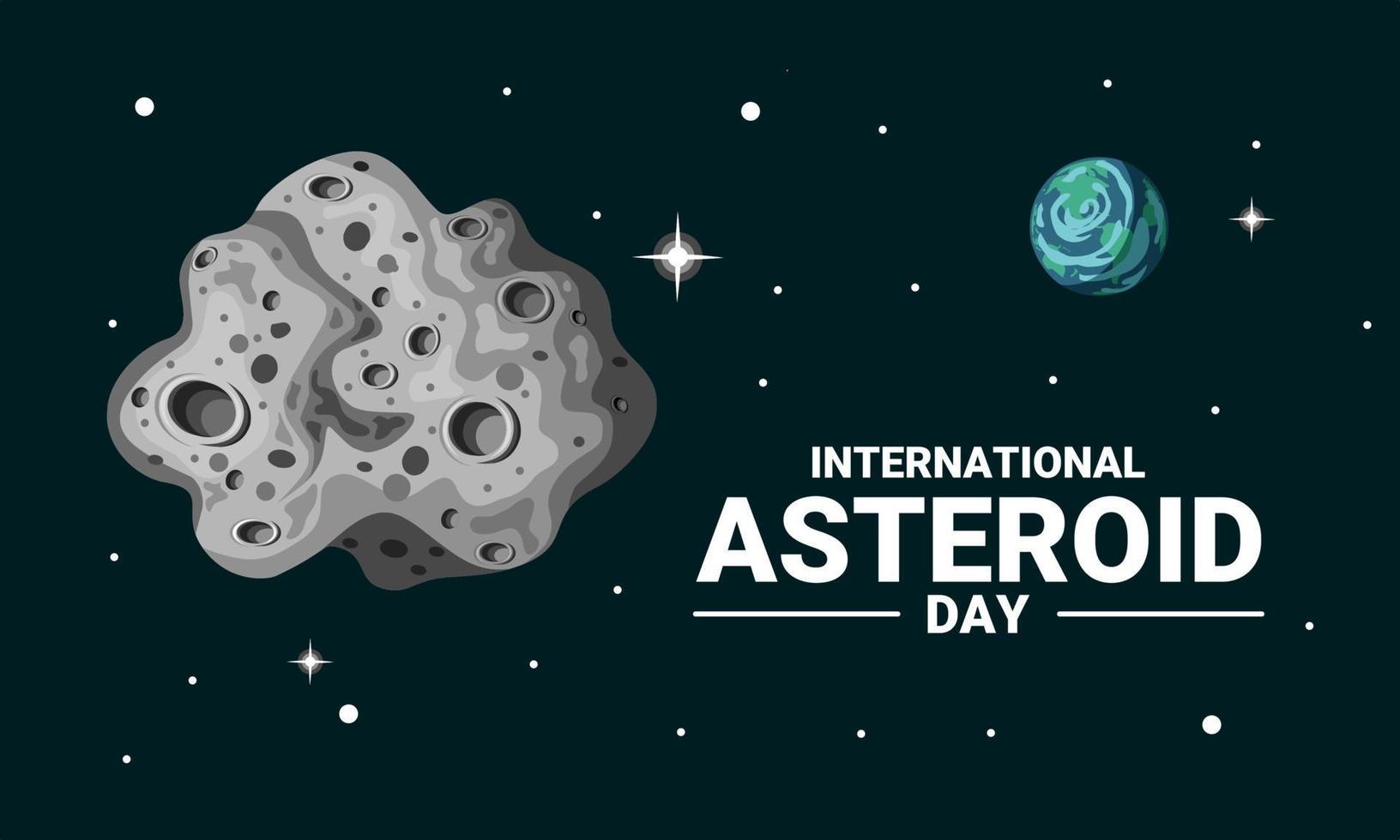 illustrazione vettoriale di un asteroide nello spazio, con terra e stelle sullo sfondo, come banner o poster, giornata internazionale degli asteroidi.