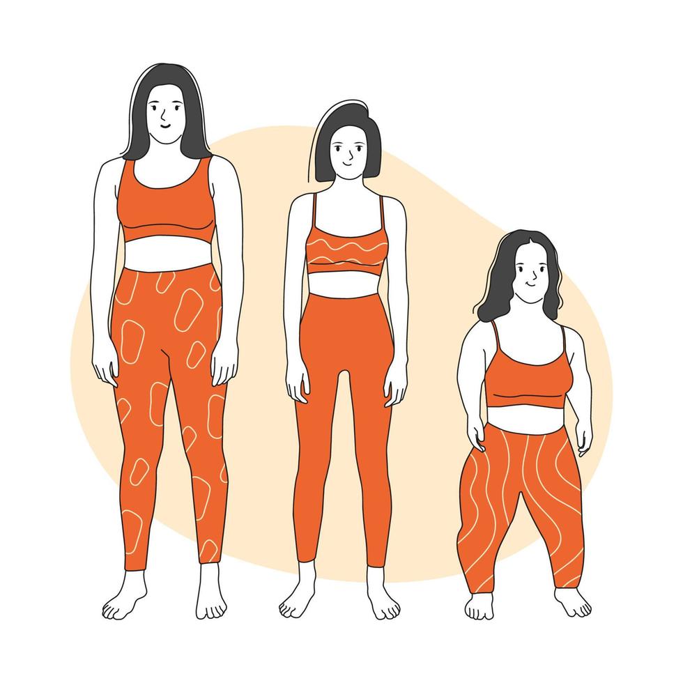 corpo positivo movimento e bellezza diversità, uguaglianza, inclusione. illustrazione vettoriale di belle donne di diverse età, altezza e tipi di corpo, in piedi in abbigliamento sportivo. disegnato a mano in stile linea sottile.