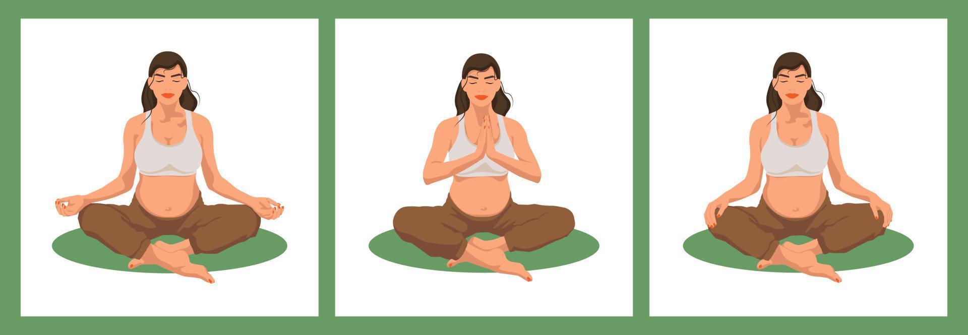 set di pose yoga per donne in gravidanza, esercizi prenatali. donna incinta seduta nella posa del loto. illustrazione concettuale per yoga, meditazione, relax, riposo, stile di vita sano. illustrazione vettoriale. vettore