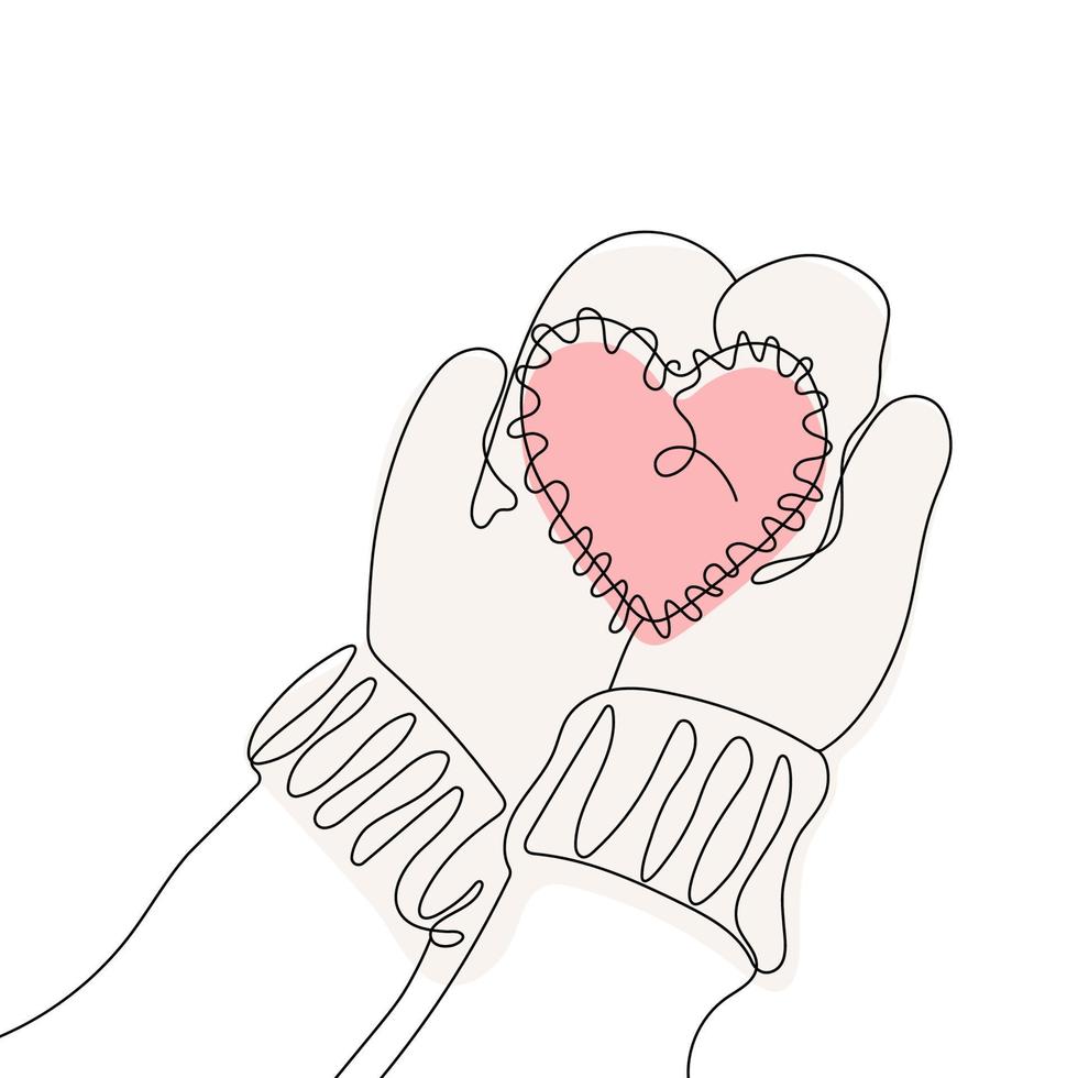 le mani nei guanti tengono un cuore, illustrazione di arte al tratto. San Valentino, Natale, inverno, concetto di amore. illustrazione del disegno a linea continua vettoriale. vettore