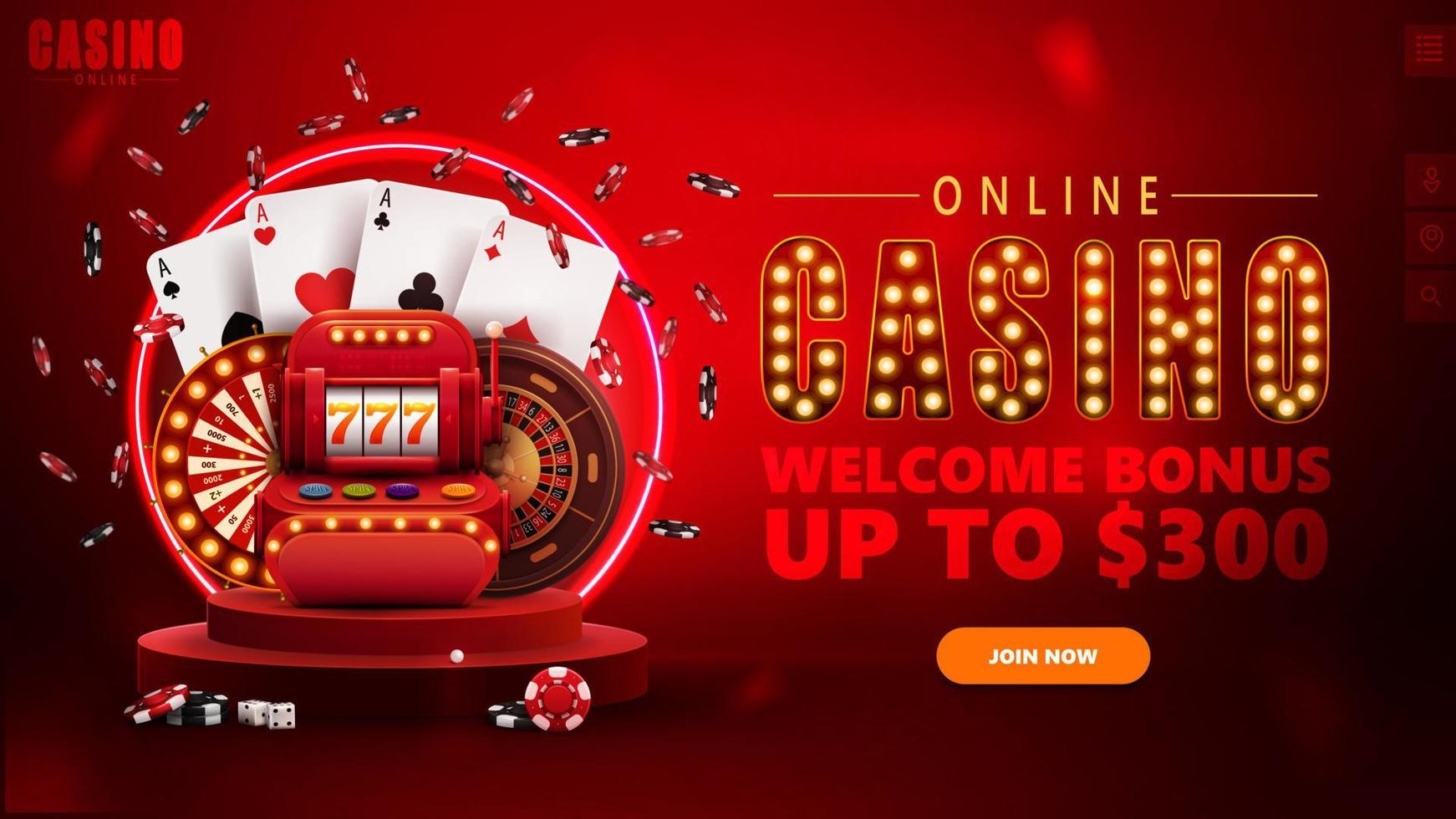 casinò online, banner rosso con pulsante, podio rosso con slot machine, ruota della fortuna del casinò, roulette, fiches da poker, carte da gioco e anello al neon sullo sfondo vettore