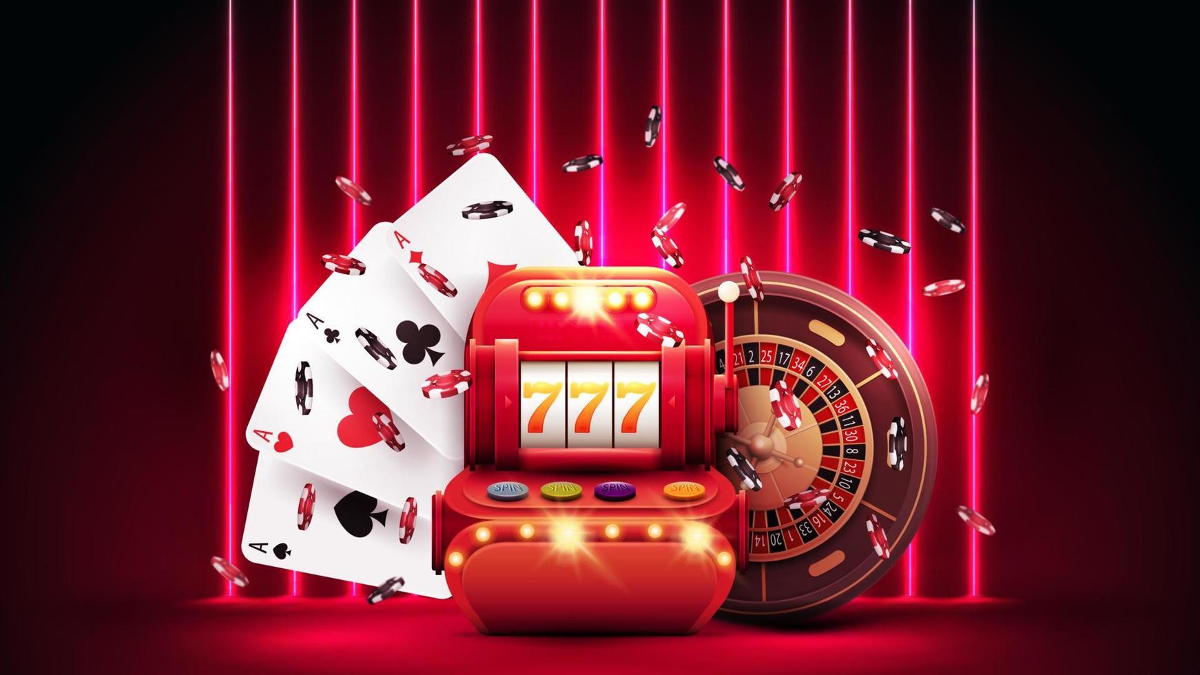 banner rosso con slot machine rossa, ruota della roulette del casinò, fiches da poker e carte da gioco in scena rossa con lampade al neon verticali a parete di linea sullo sfondo. vettore