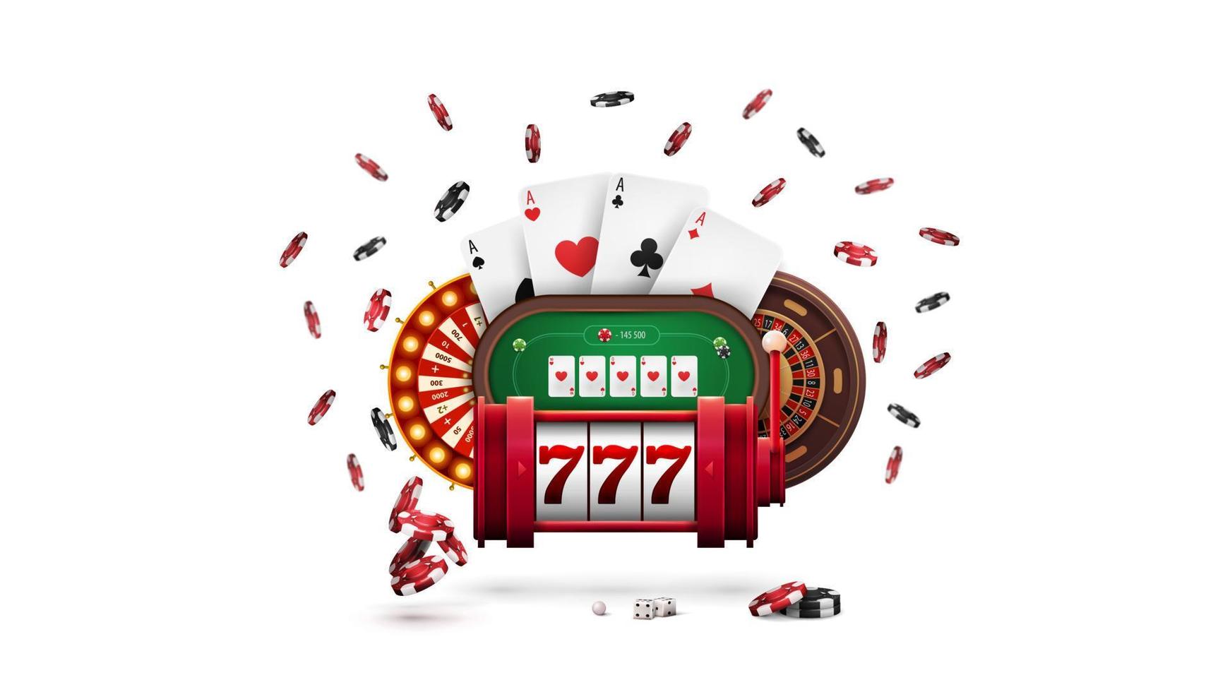 slot machine rossa, fortuna della ruota del casinò, ruota della roulette, tavolo da poker, fiches da poker e carte da gioco in stile cartone animato isolato su priorità bassa bianca vettore
