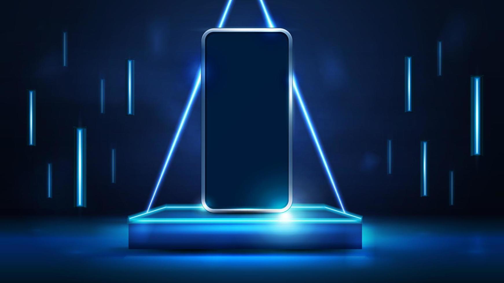 smartphone su podio quadrato scuro per la presentazione del prodotto con lampade volanti di linea intorno e triangolo al neon su sfondo, illustrazione vettoriale realistica 3d. scena digitale blu e scura