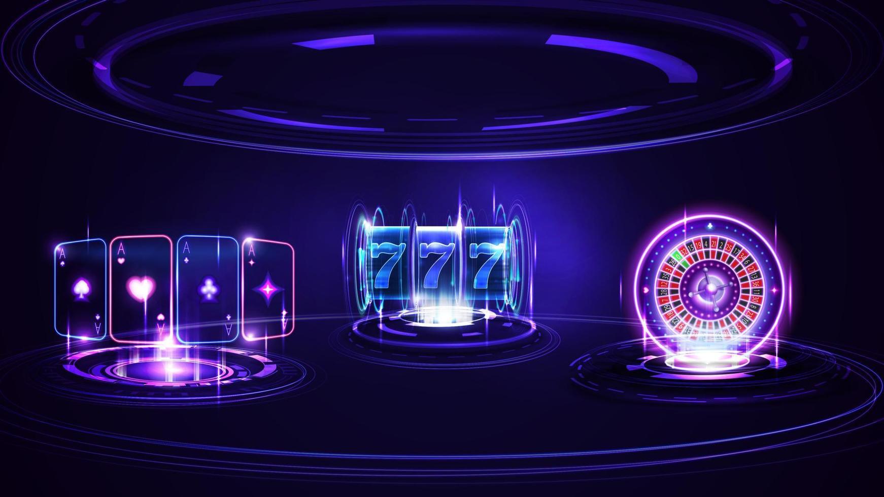 slot machine al neon del casinò, ruota della roulette del casinò, carte da gioco e ologramma di anelli digitali in una scena vuota e scura vettore