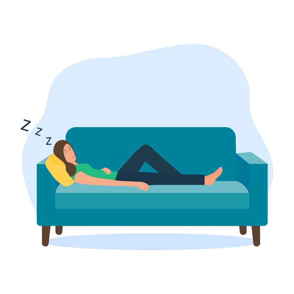 donna sdraiata su un comodo divano. ragazza che dorme sul divano, il robot aspirapolvere funziona. moderne apparecchiature wireless per la pulizia dell'appartamento. concetto di pulizia. illustrazione vettoriale