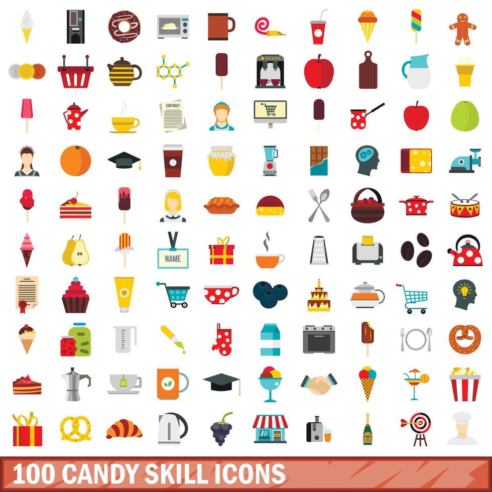 100 set di icone di abilità caramelle, stile piatto vettore