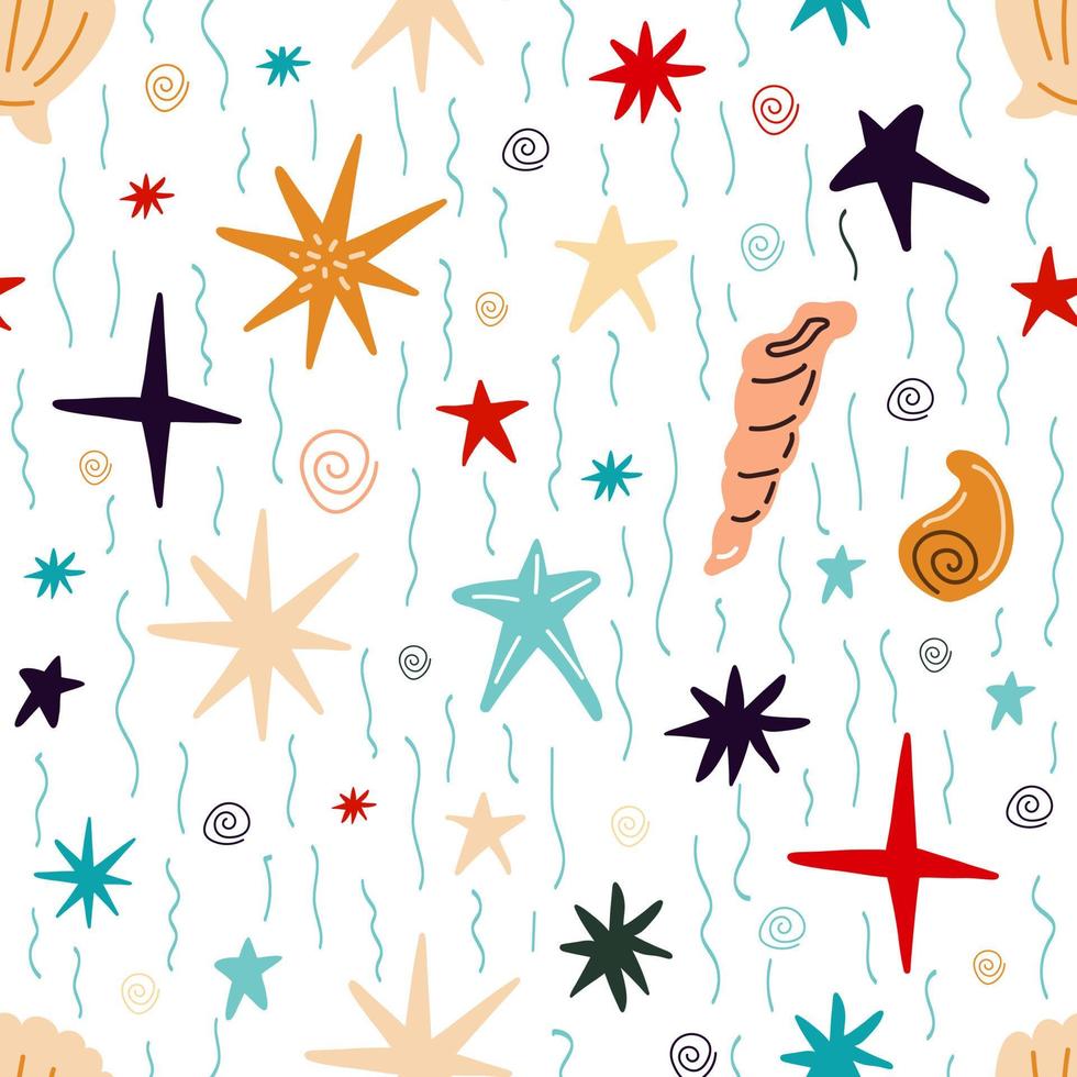 modello senza cuciture con conchiglie, coralli, stelle marine su sfondo blu vettore