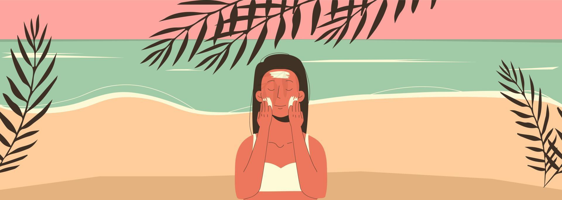 una donna in spiaggia si applica la crema solare sulla pelle. protezione solare. vettore piatto