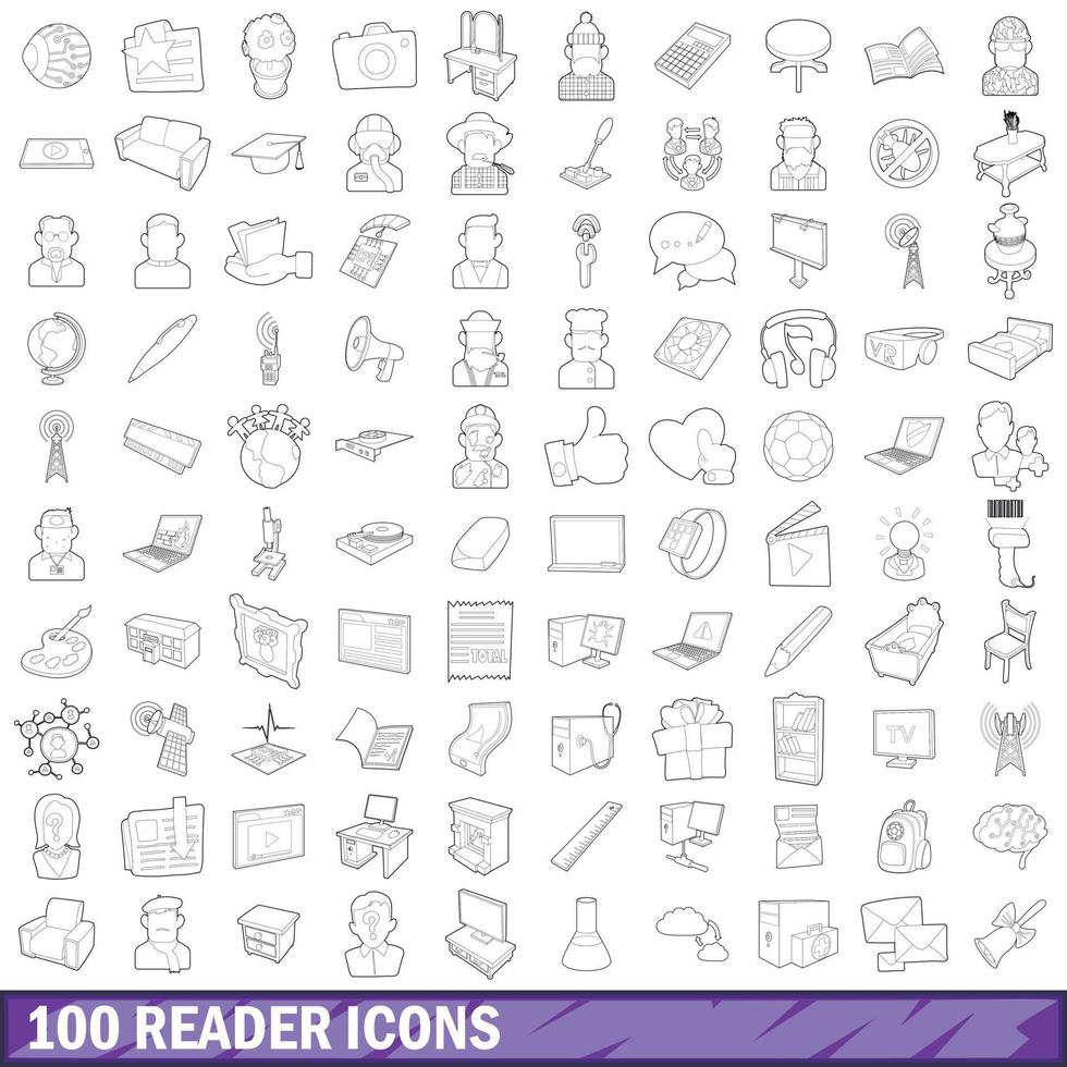100 icone del lettore impostate, stile contorno vettore