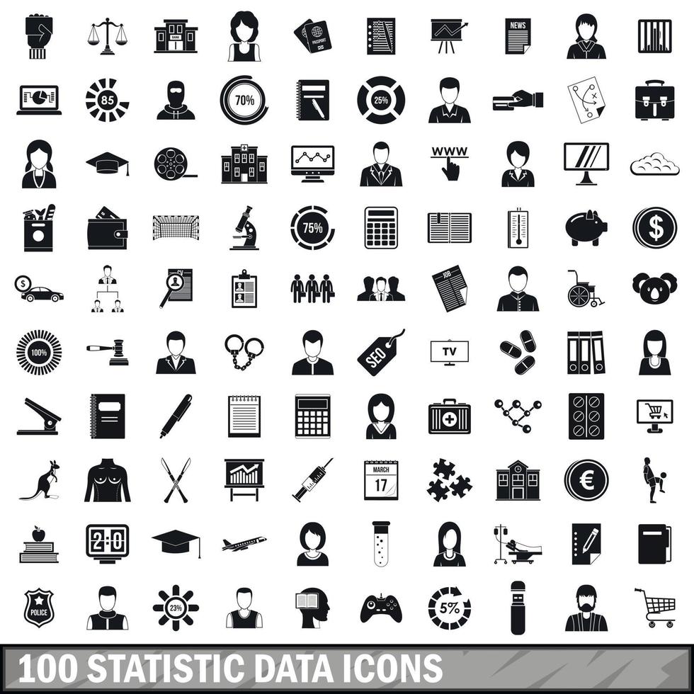 100 icone di dati statistici impostate, stile semplice vettore