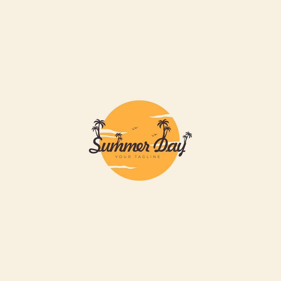 logo delle vacanze estive sulla spiaggia con il disegno dell'illustrazione del simbolo dell'icona di vettore degli alberi di cocco