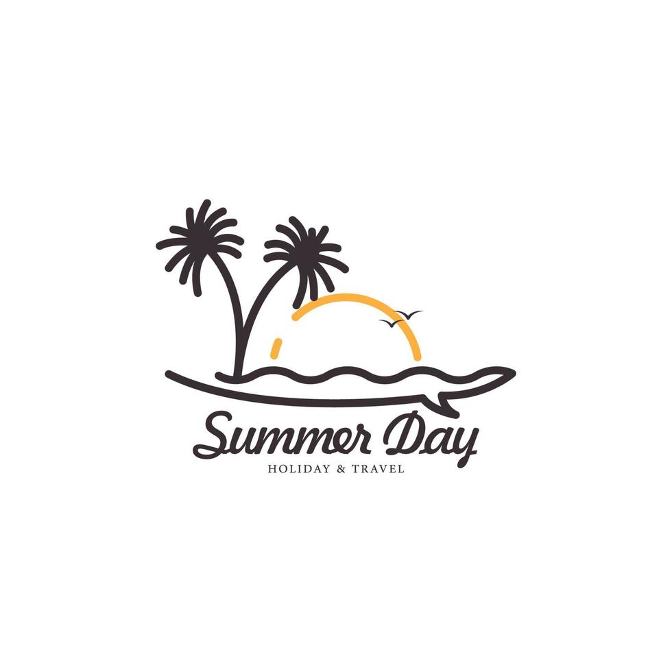 design del logo per le vacanze in spiaggia e sull'isola con la tavola da surf estiva dell'albero di cocco con l'illustrazione del simbolo dell'icona di vettore di stile della linea