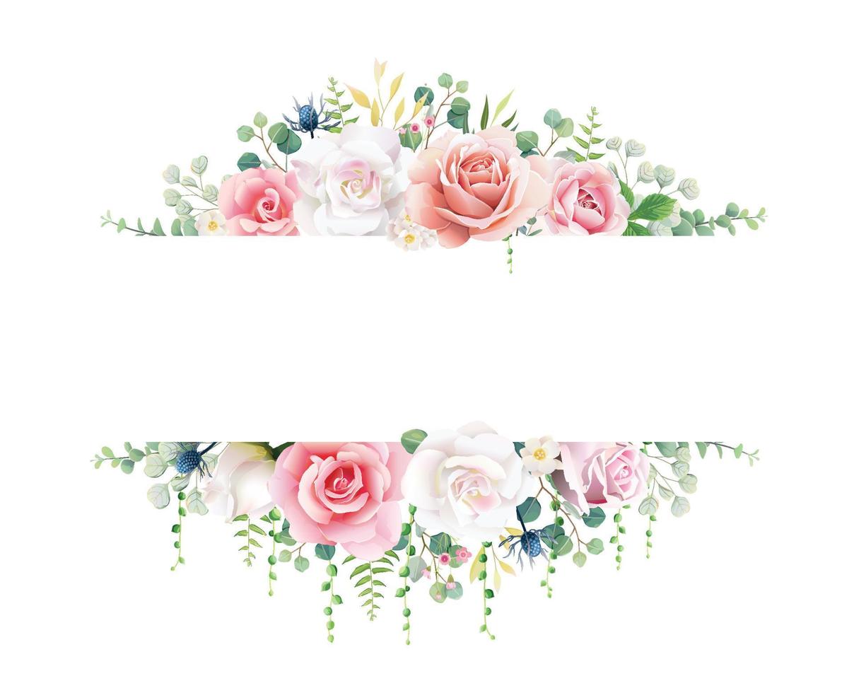 rosa e rosa bianca con banner verde su sfondo bianco. bellissimo modello per invito a nozze o biglietto di auguri, banner. tutti gli elementi sono isolati e modificabili. vettore. vettore