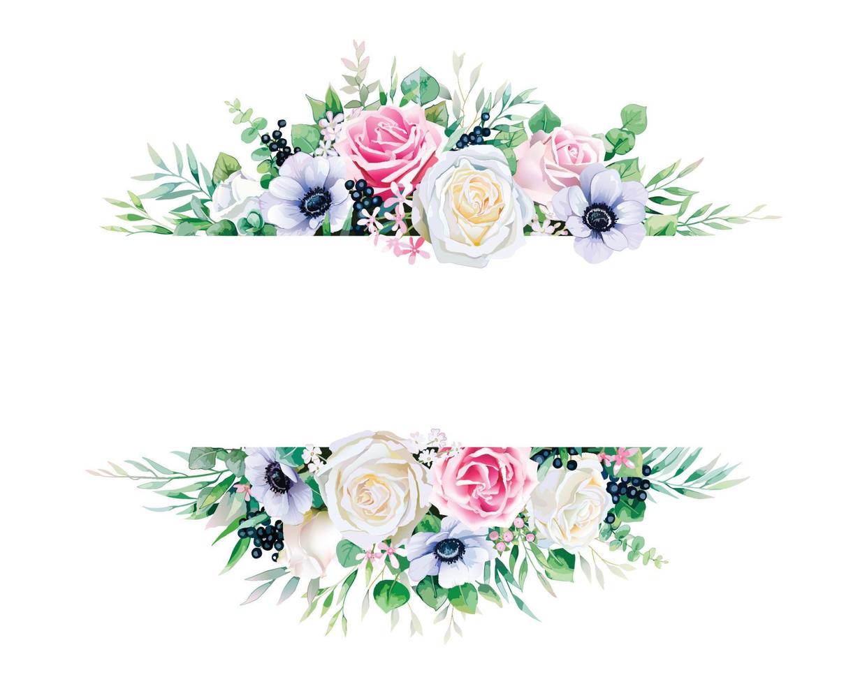 verde, rosa bianca e rosa con bordo cornice di rami su sfondo bianco. bellissimo modello per invito o biglietto di auguri, banner. tutti gli elementi sono isolati e modificabili. vettore