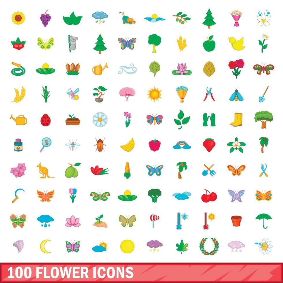 100 icone di fiori impostate, stile cartone animato vettore