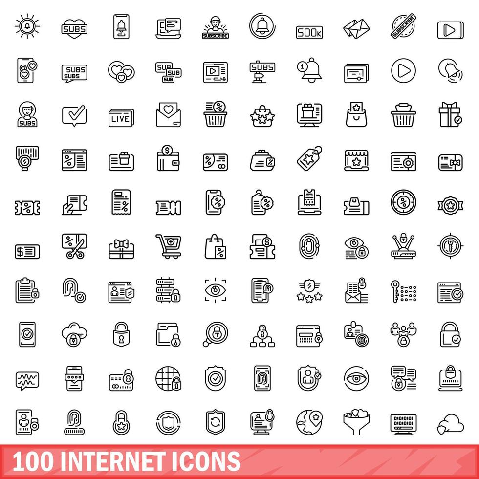 100 icone internet impostate, stile contorno vettore