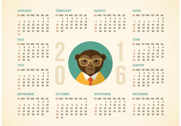 Calendario gratuito 2016 con Hipster Monkey vettoriale