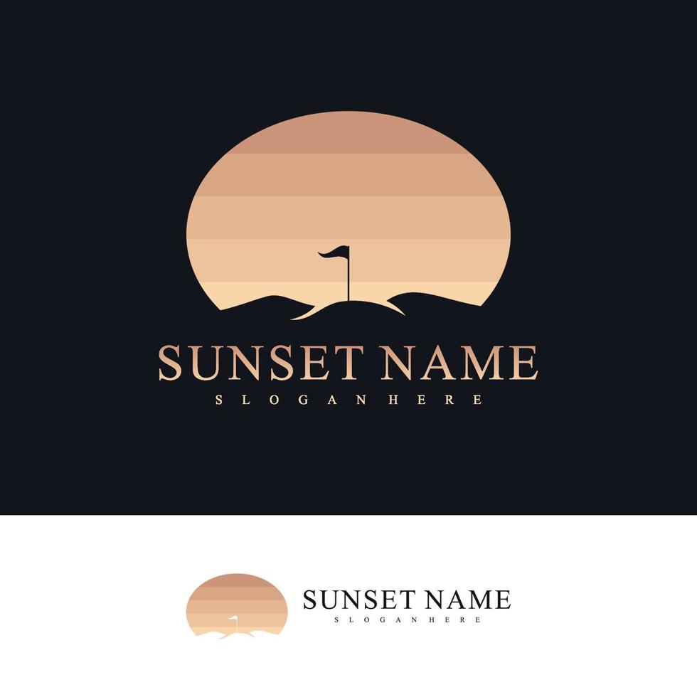 modello vettoriale per la progettazione del logo con montaggio al tramonto, illustrazione dei concetti del logo con montaggio da golf.