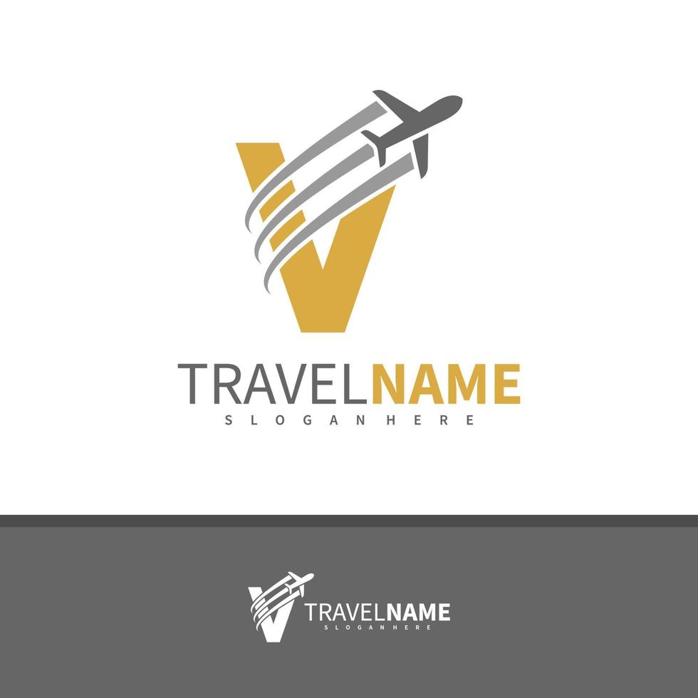 aereo con vettore di progettazione del logo della lettera v, illustrazione del modello di concetti di logo di viaggio creativo.