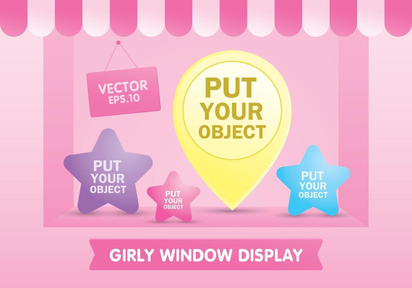dolce rosa pastello finestra display 3d illustrazione vettore per mettere il tuo oggetto con tenda da sole a strisce e segno a nastro