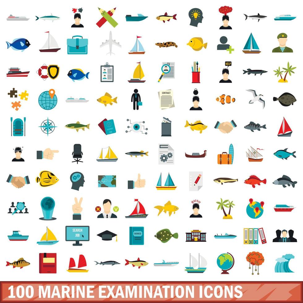 100 set di icone per esami marini, stile piatto vettore