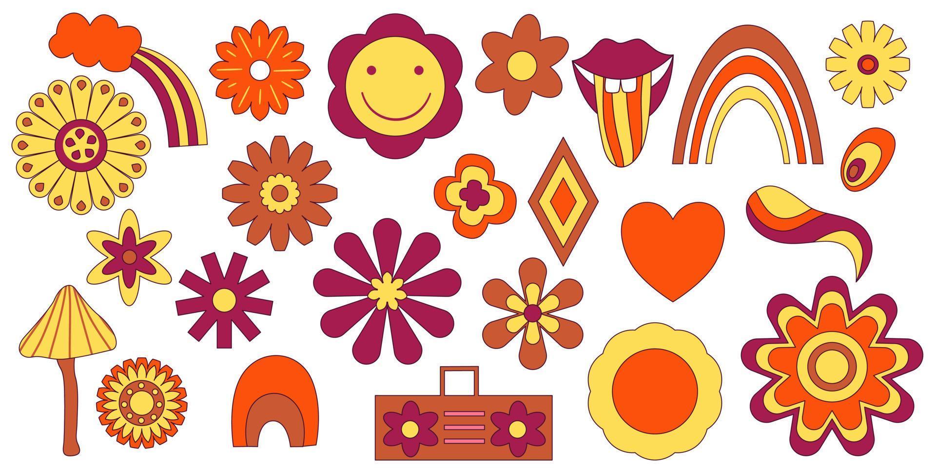 hippie groovy clipart impostato con fiore, arcobaleno, labbro isolato su sfondo bianco retrò felice fiore margherita vettore arte illustrazione. illustrazione vettoriale isolata.