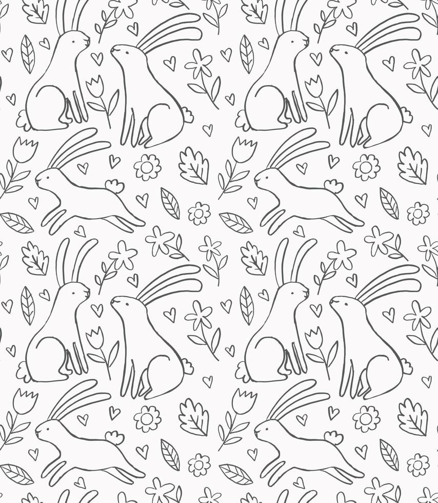 modello doodle con simpatici conigli e fiori. contorno lineare disegnato a mano coniglietto floreale vettore sfondo senza giunture. design per bambini libro da colorare.