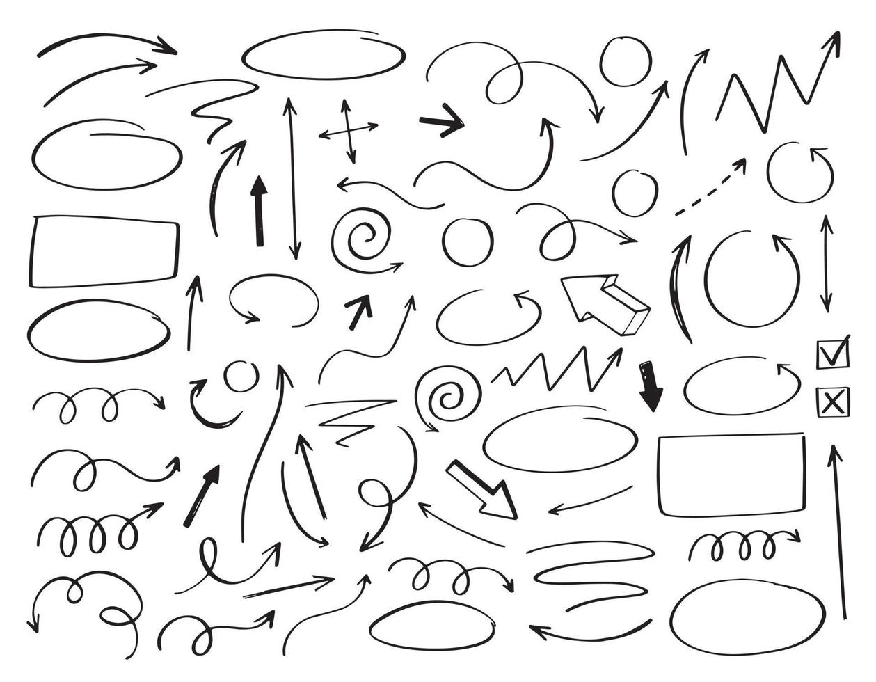 doodle frecce vettoriali ed elementi di design. insieme disegnato a mano di icone, cornici, bordi, frecce in stile cartone animato. elementi per infografica.