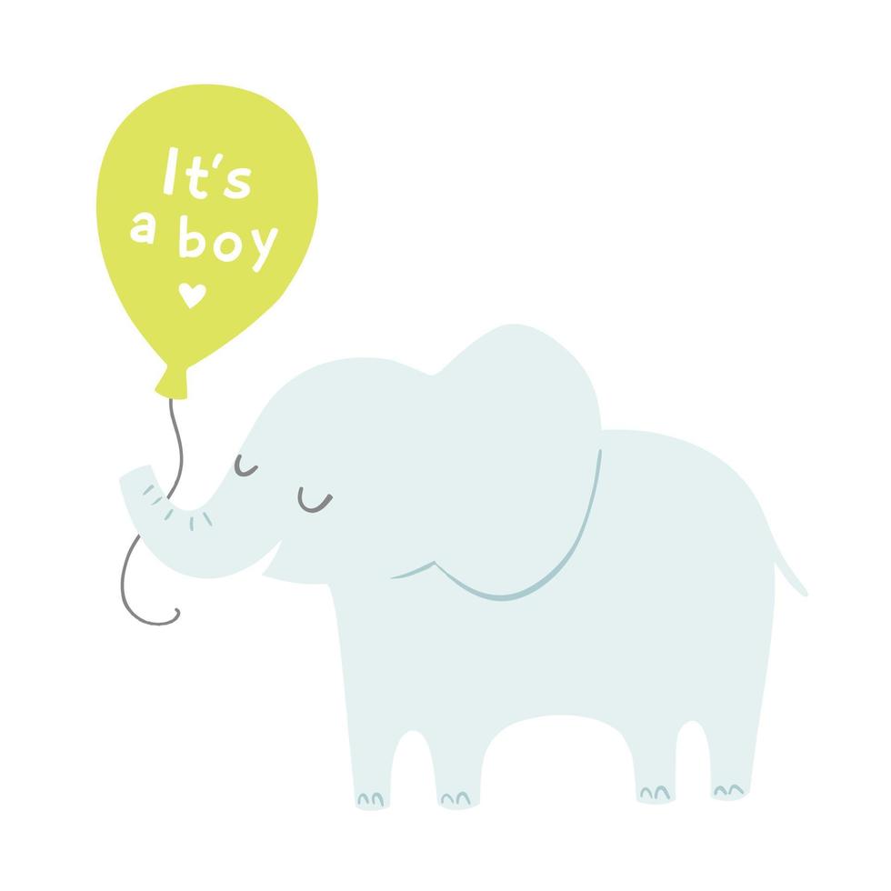 baby shower è un poster o un invito per ragazzi. elefante con un palloncino verde. illustrazione vettoriale carino.