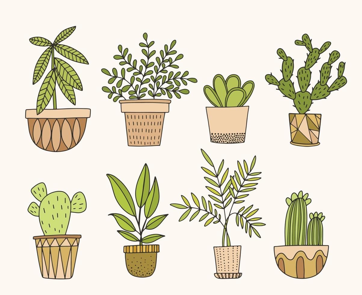 set di piante d'appartamento in vaso. vettore disegnato a mano in stile doodle.