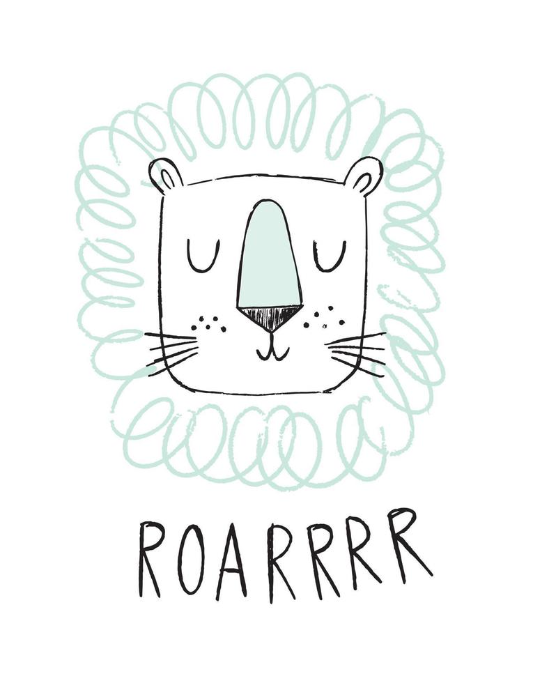 illustrazione disegnata a mano sveglia del leone con il ruggito dell'iscrizione. doodle testa di leone nel vettore. design per invito di compleanno o baby shower, carta, poster, abbigliamento, arte della parete della scuola materna. stile scandinavo. vettore