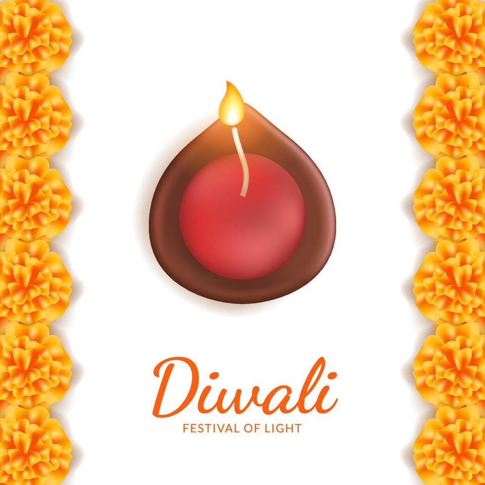 diwali festival of light saluto decorazione con lampada a olio 3d realistica e fiore di calendula con sfondo bianco vettore